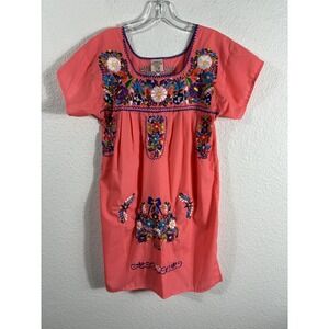 Mexican Embroidered Dress Youth Large Boho Floral Short Sleeve